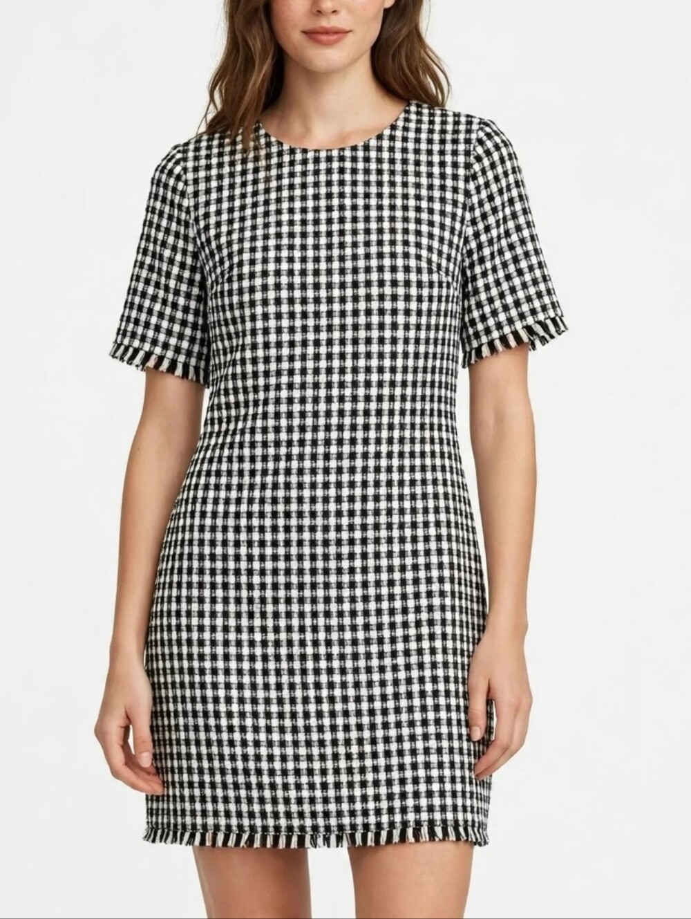 Tahari Dress 10 Women Black White Gingham Plaid Fringe Tweed Shift Mini Short - Picture 1 of 14